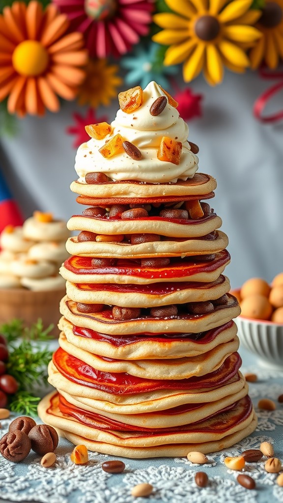 A tall stack of decorated blini topped with cream and candied fruits, surrounded by vibrant flowers.