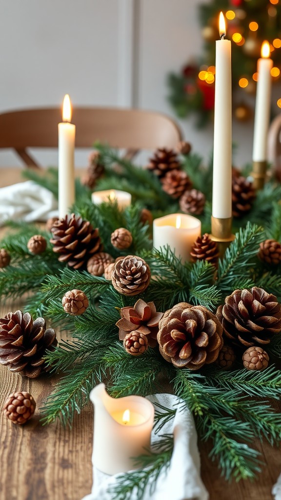 A rustic table centerpiece with pinecones, greenery, and candles.