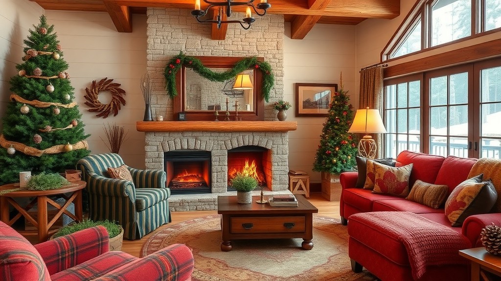 Cozy living room with a Christmas tree, stone fireplace, and rustic decor.