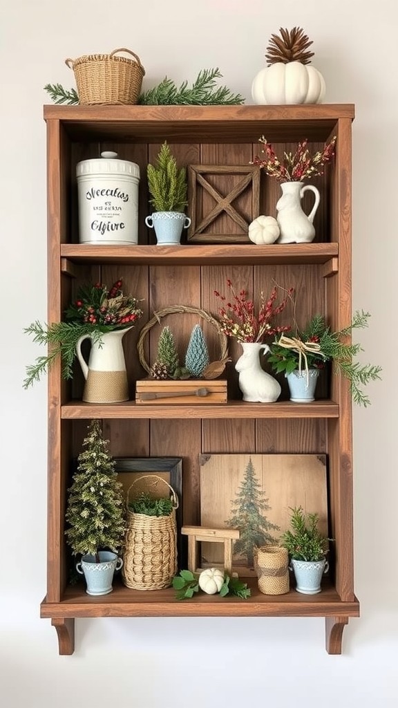 Rustic farmhouse shelf display with decorative items