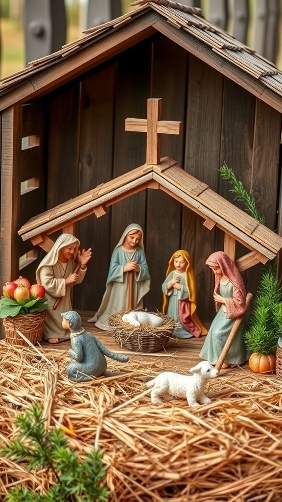 Rustic farmhouse nativity display featuring wooden structure, figurines of Mary, Joseph, and baby Jesus, baskets of fruit, and animals on straw.