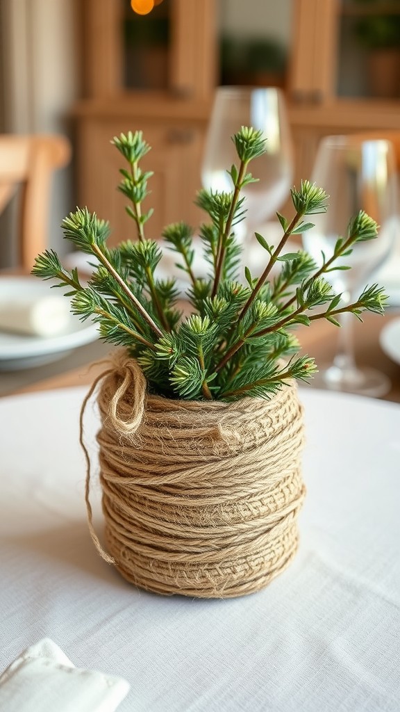 A potted evergreen plant wrapped in jute twine on a table setting.