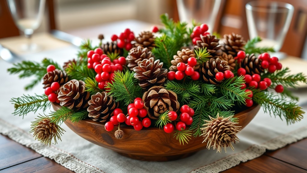 A rustic arrangement of pinecones and red berries in a wooden bowl on a table.