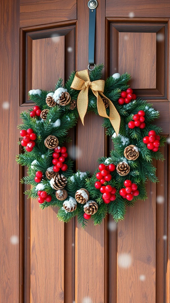 Rustic pinecone and berry wreath hanging on a wooden door with snowflakes falling