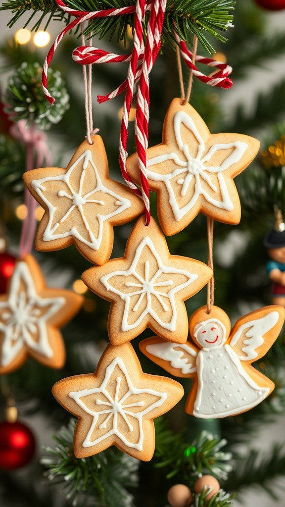 Star-shaped cookie ornaments hanging on a Christmas tree