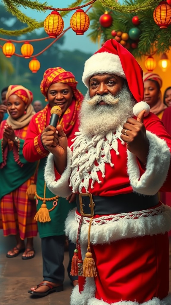 A festive Santa Claus engaging with a joyful crowd in colorful traditional African attire.