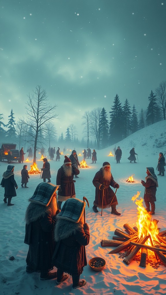 Santa and companions celebrating around fires in a snowy landscape