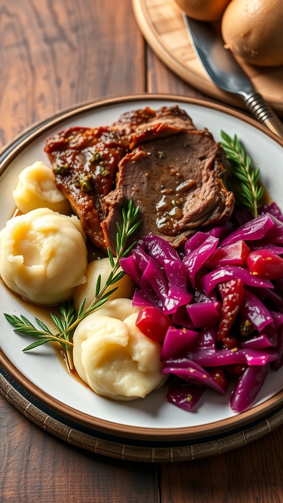 A plate of Sauerbraten with mashed potatoes and red cabbage, showcasing a traditional German meal.