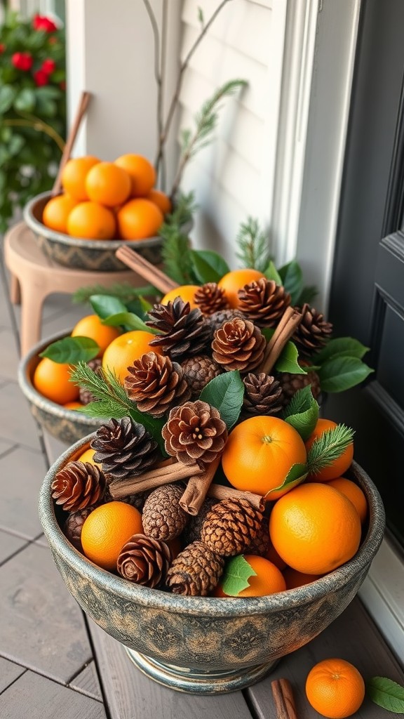 A decorative bowl filled with oranges, pinecones, and cinnamon sticks, creating a cozy and inviting seasonal display.