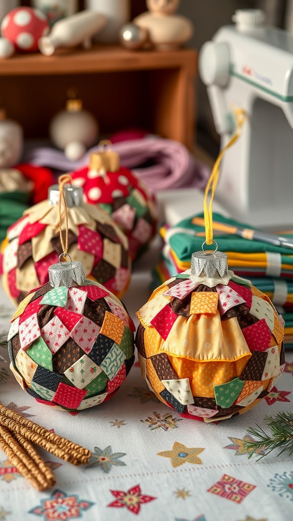 Colorful scrap fabric patchwork ornaments on a table, surrounded by sewing supplies.