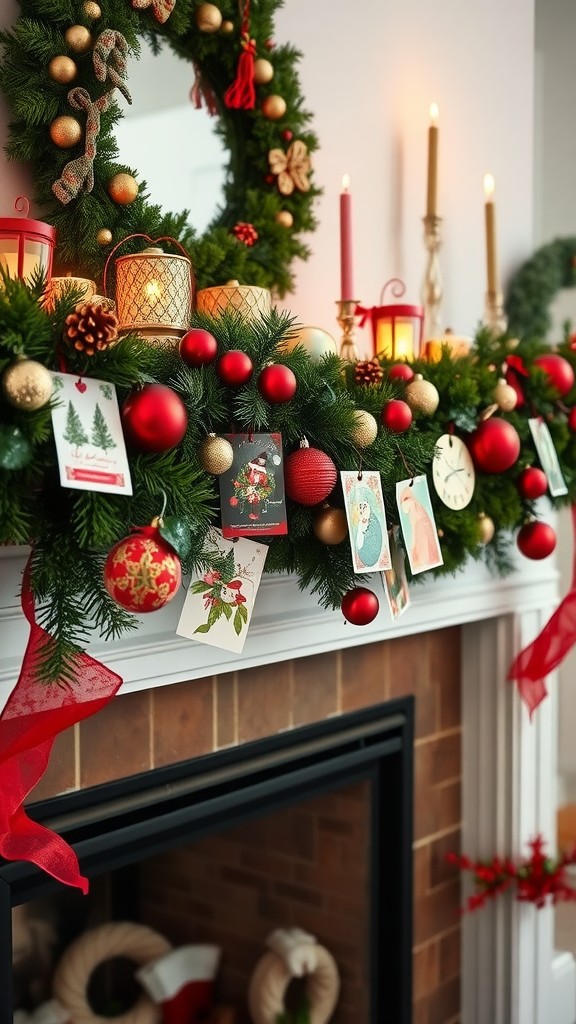 A decorated mantel with a colorful card garland, a wreath, ornaments, and a lit fireplace