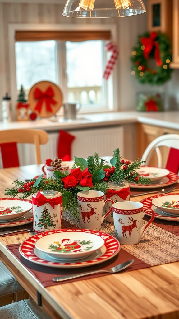 A beautifully set festive dining table with holiday-themed dishware and floral centerpiece.