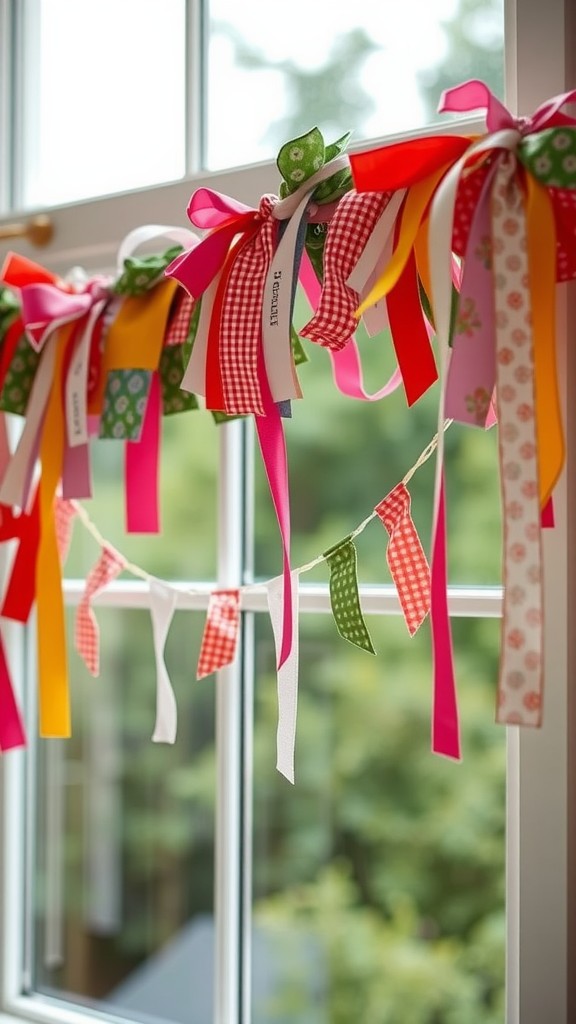 Colorful ribbons and fabric scraps hanging in a window.