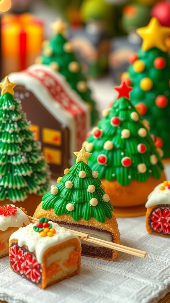 Colorful Japanese sweets shaped like Christmas trees and a gingerbread house