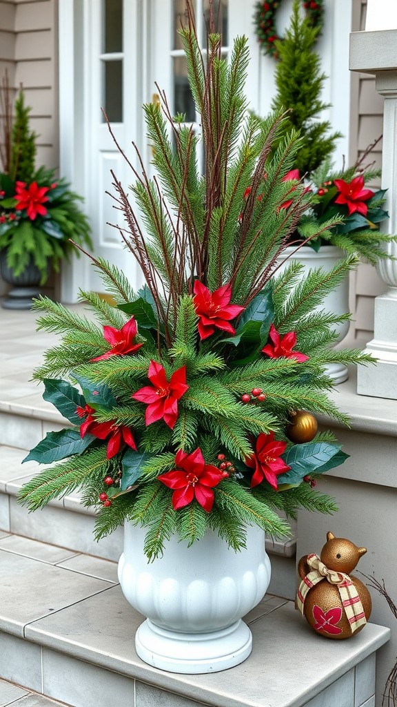 Seasonal planter featuring red poinsettias and green evergreens on a porch.