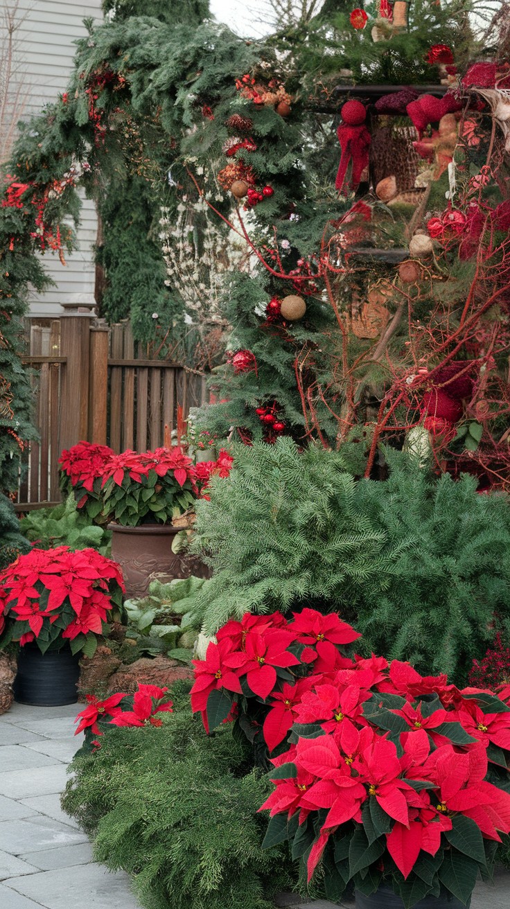 A festive garden featuring bright red poinsettias, evergreens, and holiday decorations.