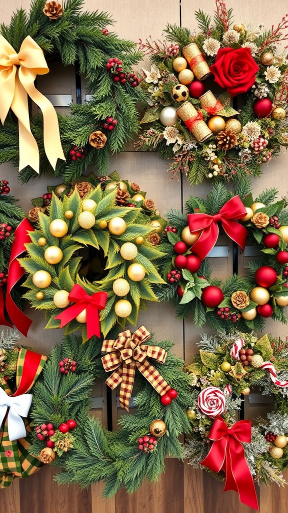 A variety of decorative wreaths in different styles and colors, showcasing festive designs for the holidays.