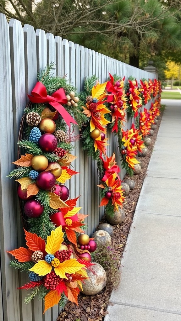 Colorful seasonal wreaths decorated with red and yellow flowers, hanging along a wooden fence.