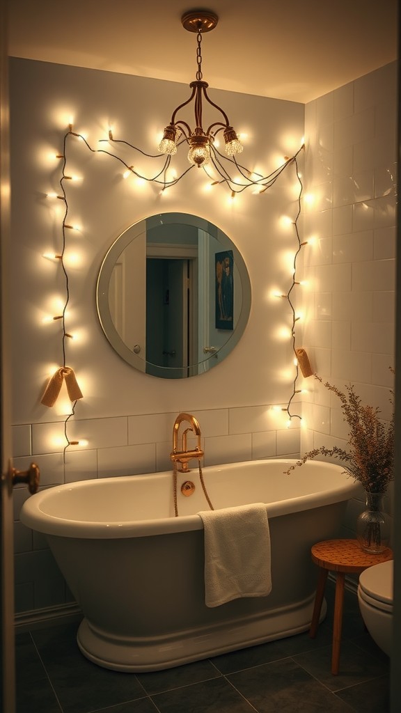 A beautifully lit bathroom featuring a freestanding tub, golden faucet, and decorative fairy lights.