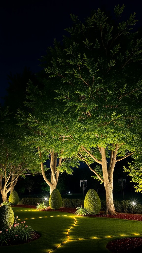 A well-lit garden at night with illuminated trees and a glowing path.