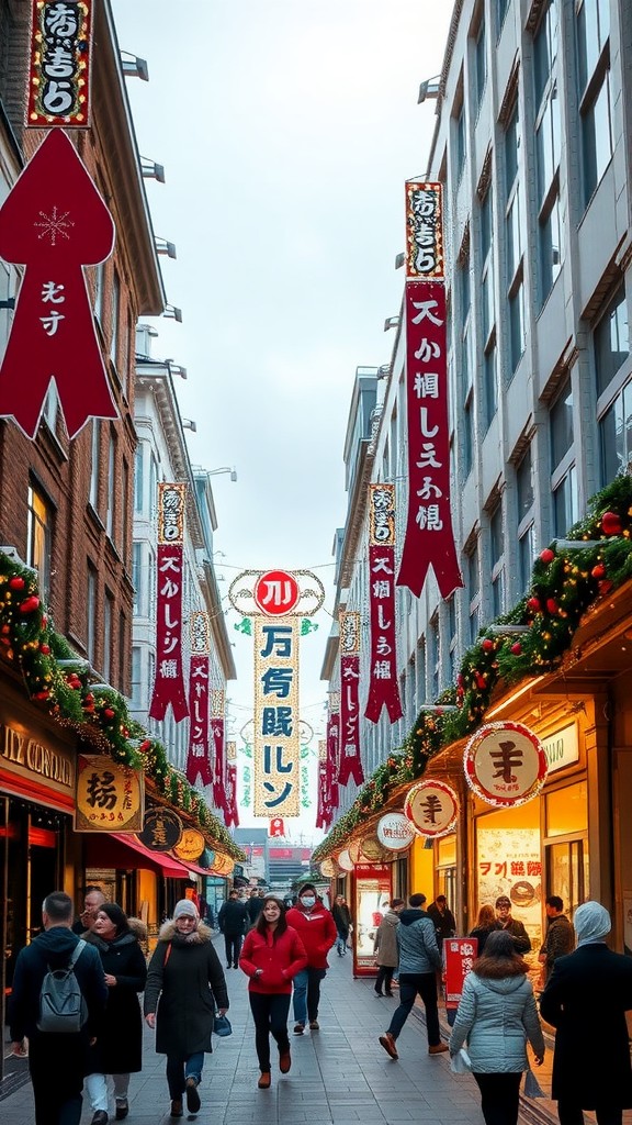 A busy shopping street decorated for the holidays with colorful banners and festive lights.