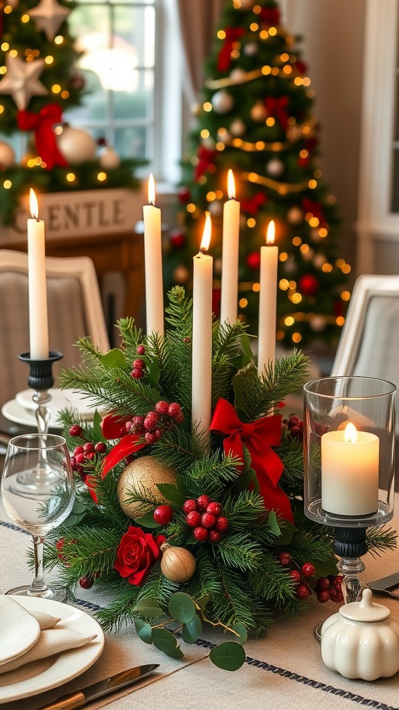 A festive dining table centerpiece featuring candles, greenery, red berries, and decorative elements.