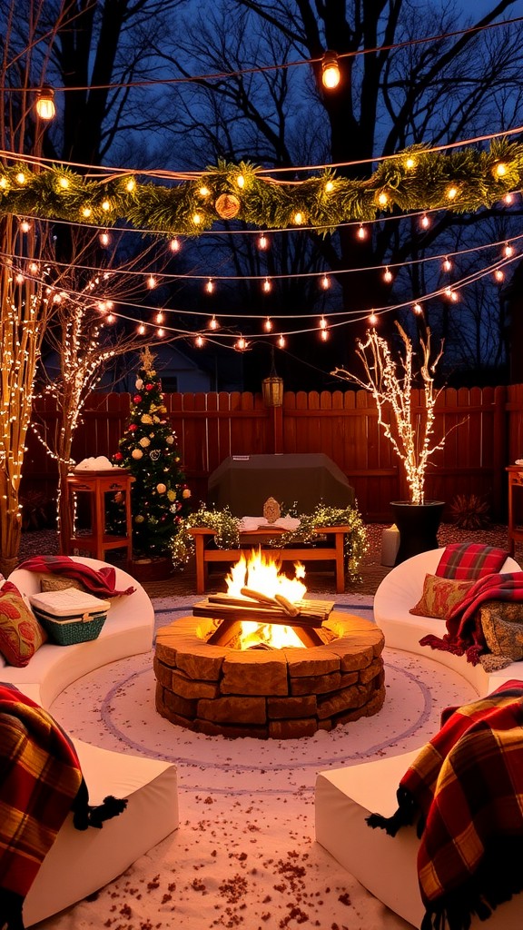 Cozy outdoor fire pit setup with festive decor and seating