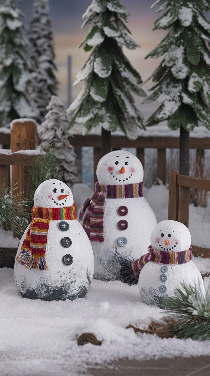 Three cheerful snowmen in a snowy setting, each wearing colorful scarves and buttons.