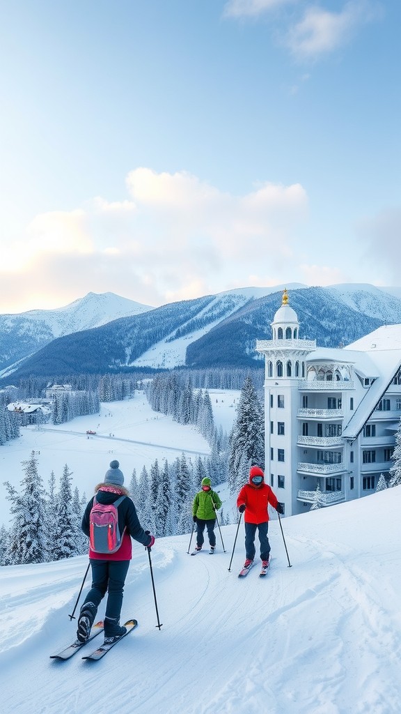 Three skiers descending a snowy slope with mountains in the background and a charming building nearby.