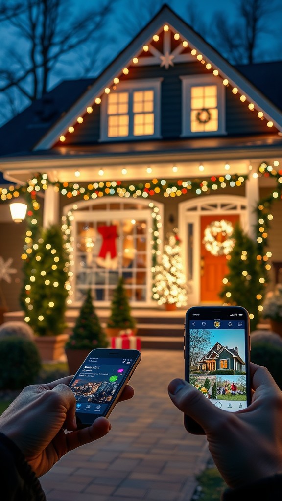 A person using two smartphones to control smart lighting on a beautifully decorated house.