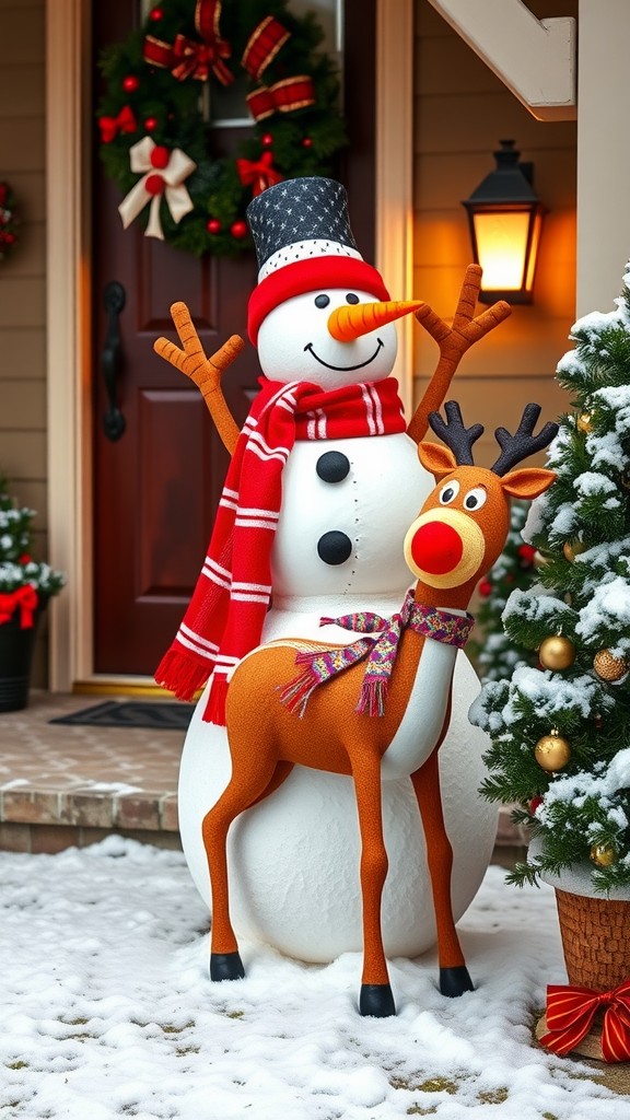 A cheerful snowman with a red scarf and a reindeer standing next to a decorated front door, surrounded by snow.