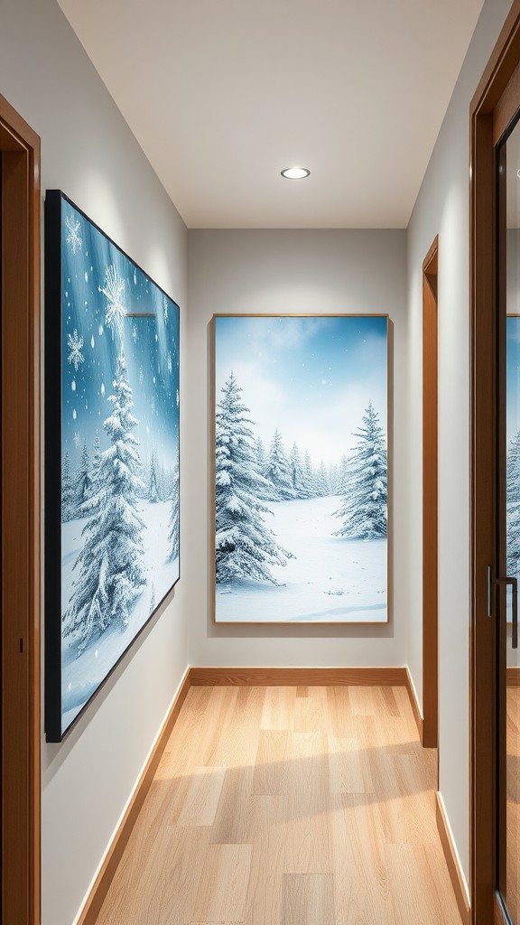 A hallway with two pieces of snowy themed wall art depicting snowflakes and snow-covered trees.