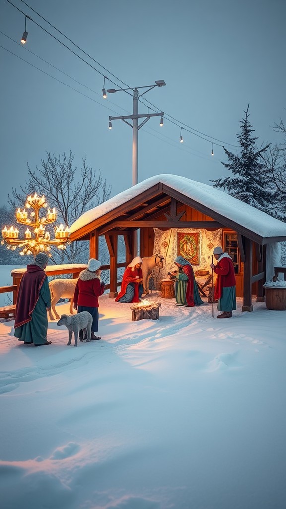 Nativity scene in a snowy landscape with wooden stable and figures of Mary, Joseph, and shepherds.