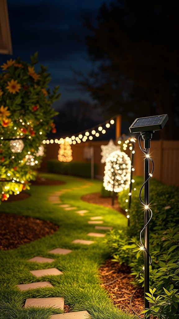 A garden path lined with solar-powered festive lights, surrounded by greenery and decorations.