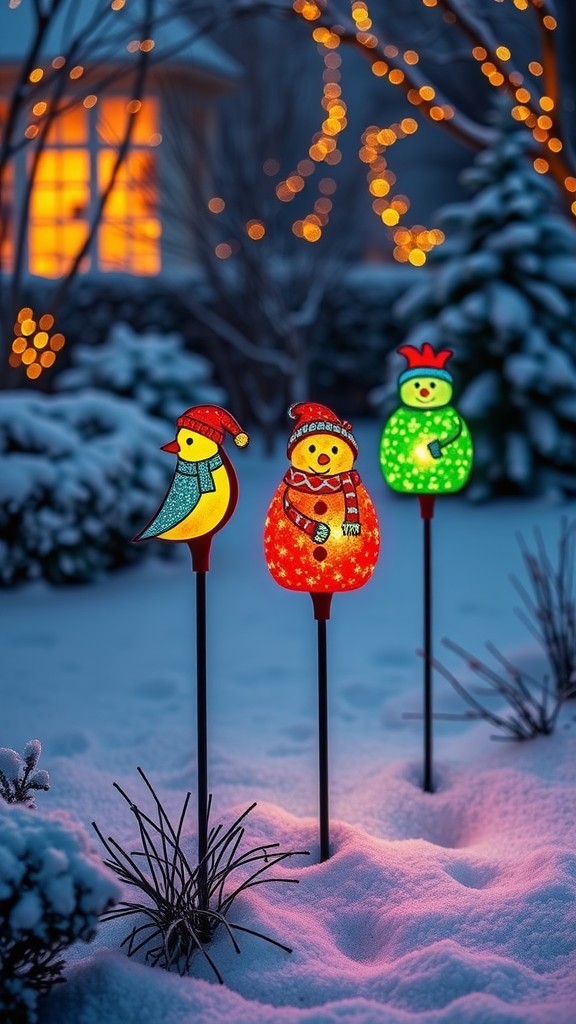 Colorful solar-powered garden stakes featuring snowmen and a bird in a snowy landscape