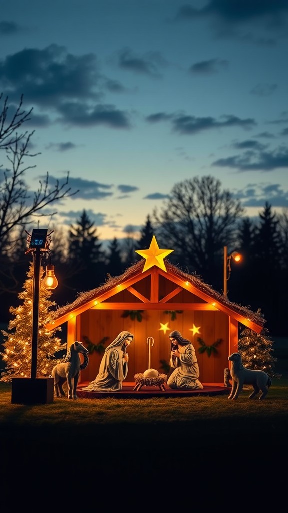 A solar-powered nativity scene with Mary, Joseph, and animals, illuminated under a starry sky.