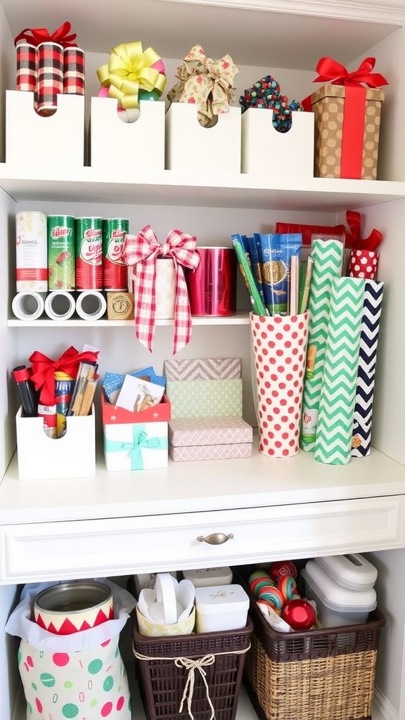 Colorful gift wrap station with various wrapping papers, ribbons, and gift boxes organized on shelves.