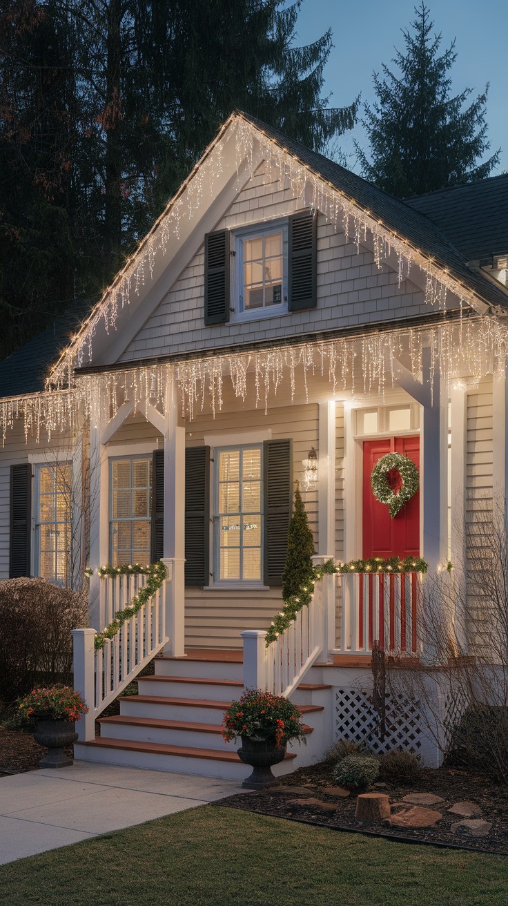 A cozy house decorated with sparkling icicle lights, featuring a red door and potted plants.