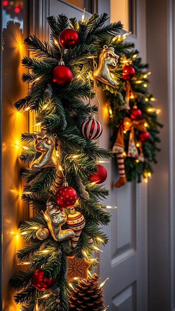 A holiday wreath decorated with lights and ornaments, featuring red and gold baubles, playful figures, and a cozy atmosphere.