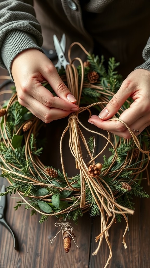 Person assembling a wreath with greenery and pinecones, tying twine around it.