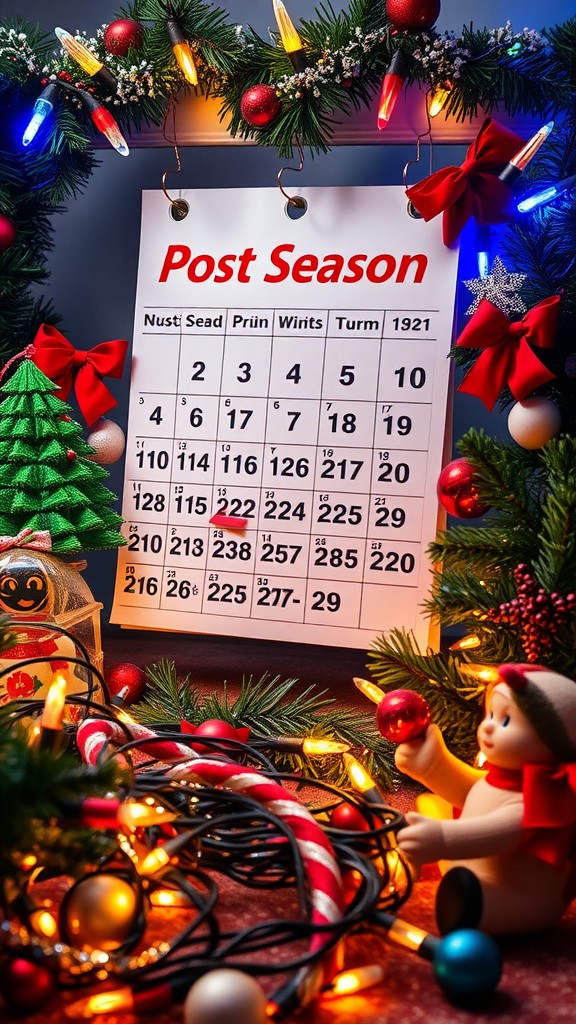 A festive calendar showing 'Post Season' surrounded by holiday decorations like lights, ornaments, and a snowman.