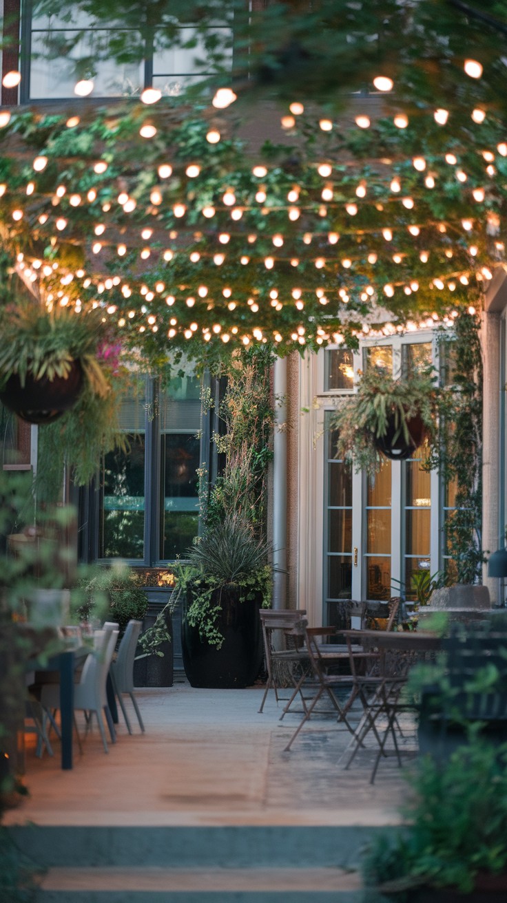 A cozy outdoor area with a string light canopy and greenery.