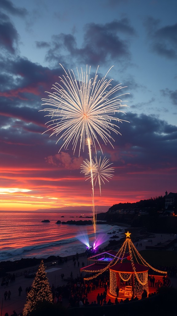 Fireworks illuminate the sunset sky over a festive coastal celebration with a decorated tent and beachgoers.