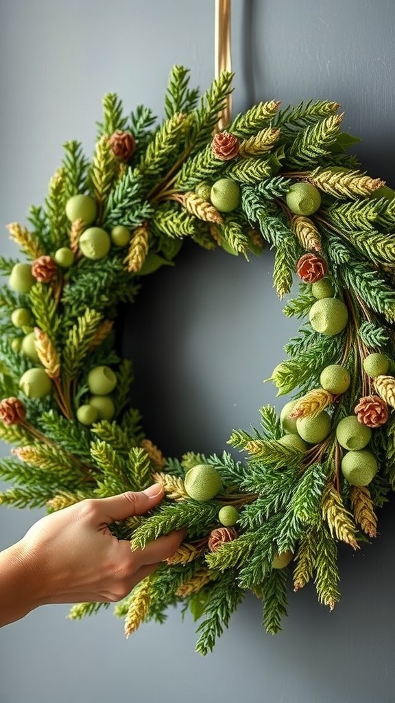 A hand reaching for a beautifully crafted wreath made of green foliage and pine cones, hanging on a wall.