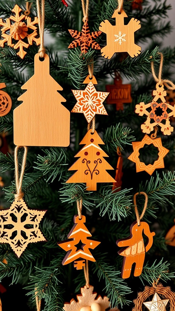 A variety of sustainable wooden ornaments hanging on a Christmas tree.