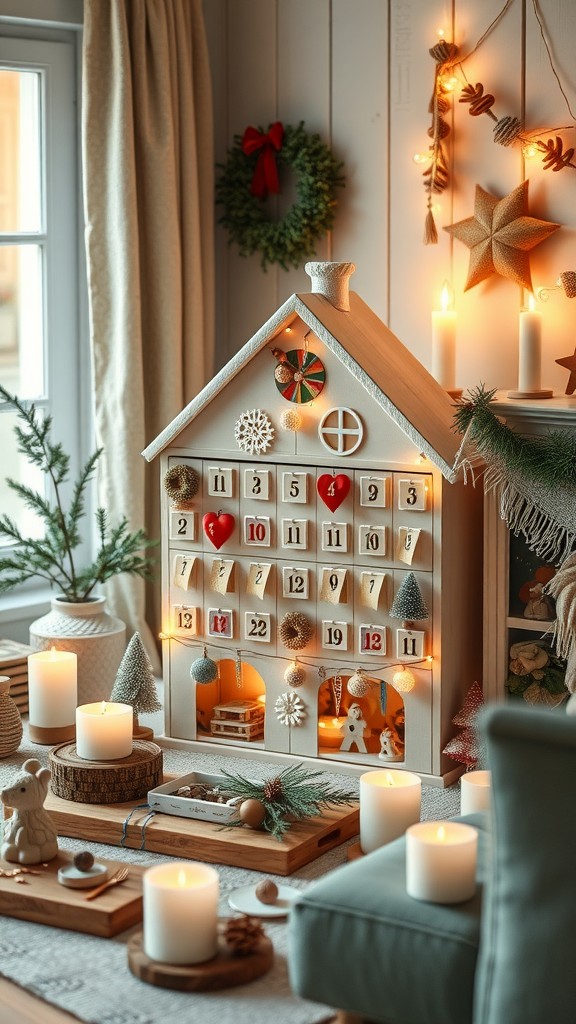 A cozy living room featuring a decorative Swedish advent calendar styled like a house, adorned with festive decorations and surrounded by candles.