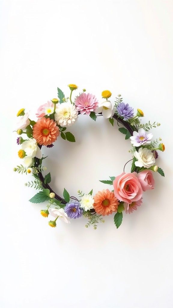 A vibrant floral crown made with various flowers and greenery, ideal for Swedish Midsummer celebrations.