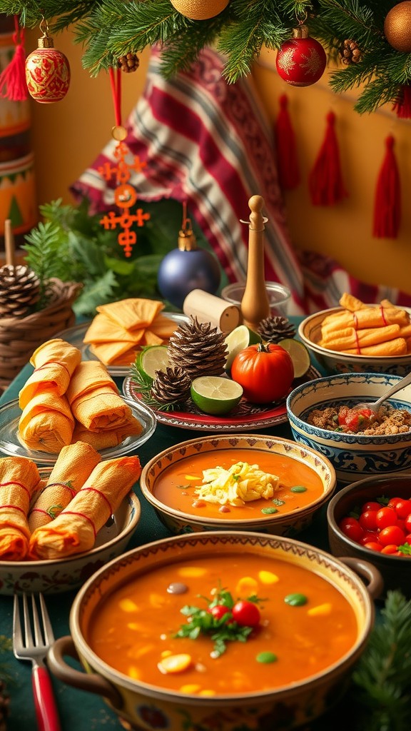 A festive spread of traditional Mexican tamales and posole, decorated with seasonal elements.