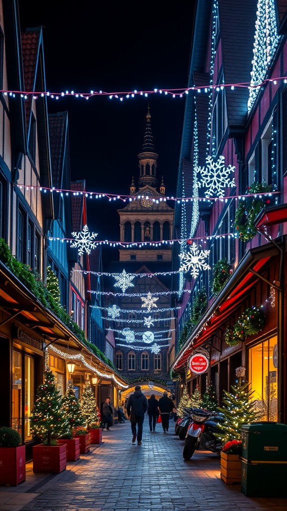 A beautifully lit street during Christmas in Germany, featuring decorated shops and a clock tower in the background.