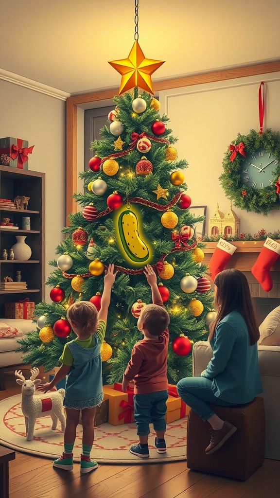 Children reaching for a pickle ornament on a Christmas tree with festive decorations.